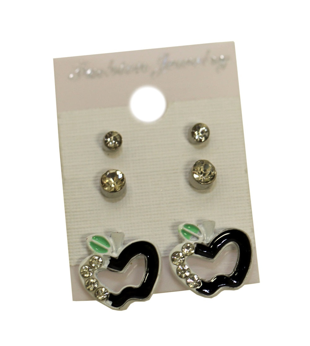 Women's Fashion Black Apple & Stainless Steel Stud Earrings 3 Pairs of Set