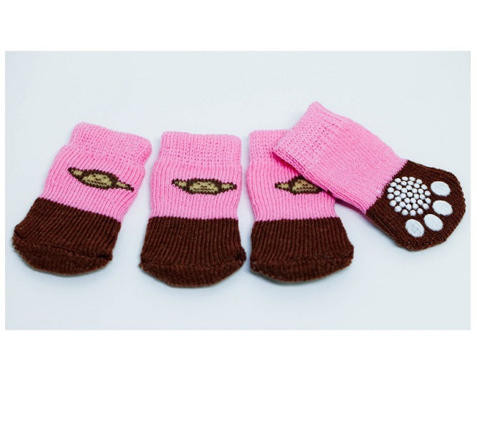 4pcs Pink & Brown Monkey Anti-Slip Dog Socks for Clean & Comfy Paws Puppy Cat