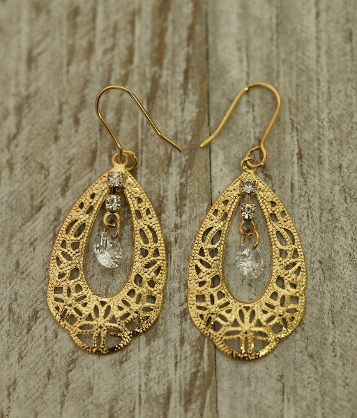 Handmade Women's Fashion Jewelry Gold Colored Teardrop Earrings with Crystals