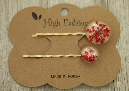 Handmade Red Cherry Blossom Pop Up Circle Design Gold Tone Bobby Pins Hair Clips Set
