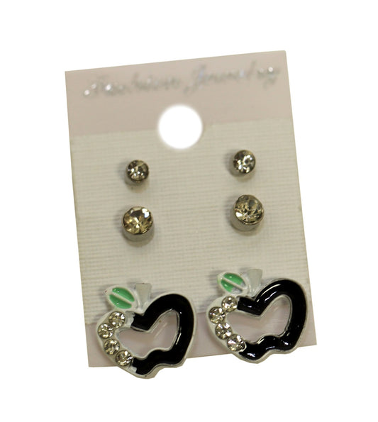 Women's Fashion Black Apple & Stainless Steel Stud Earrings 3 Pairs of Set
